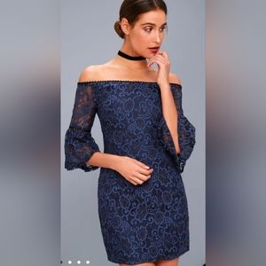 BB Dakota Dress Navy Blue Lace Mini Off The Shoulder Flounce 3/4 Sleeve …